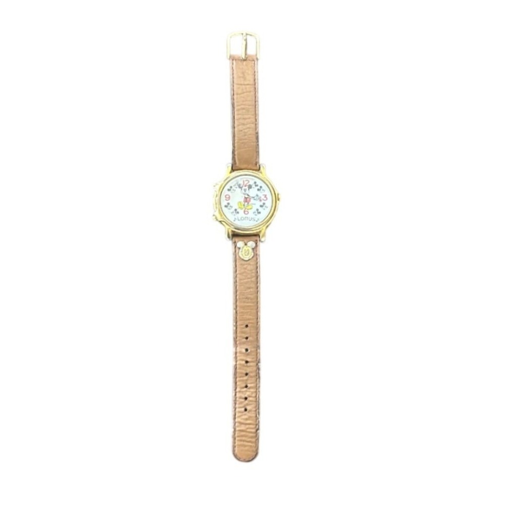 Vintage Lorus Mickey Mouse Musical‎ Watch Gold Tone Disney V422-0010 Tan Leather